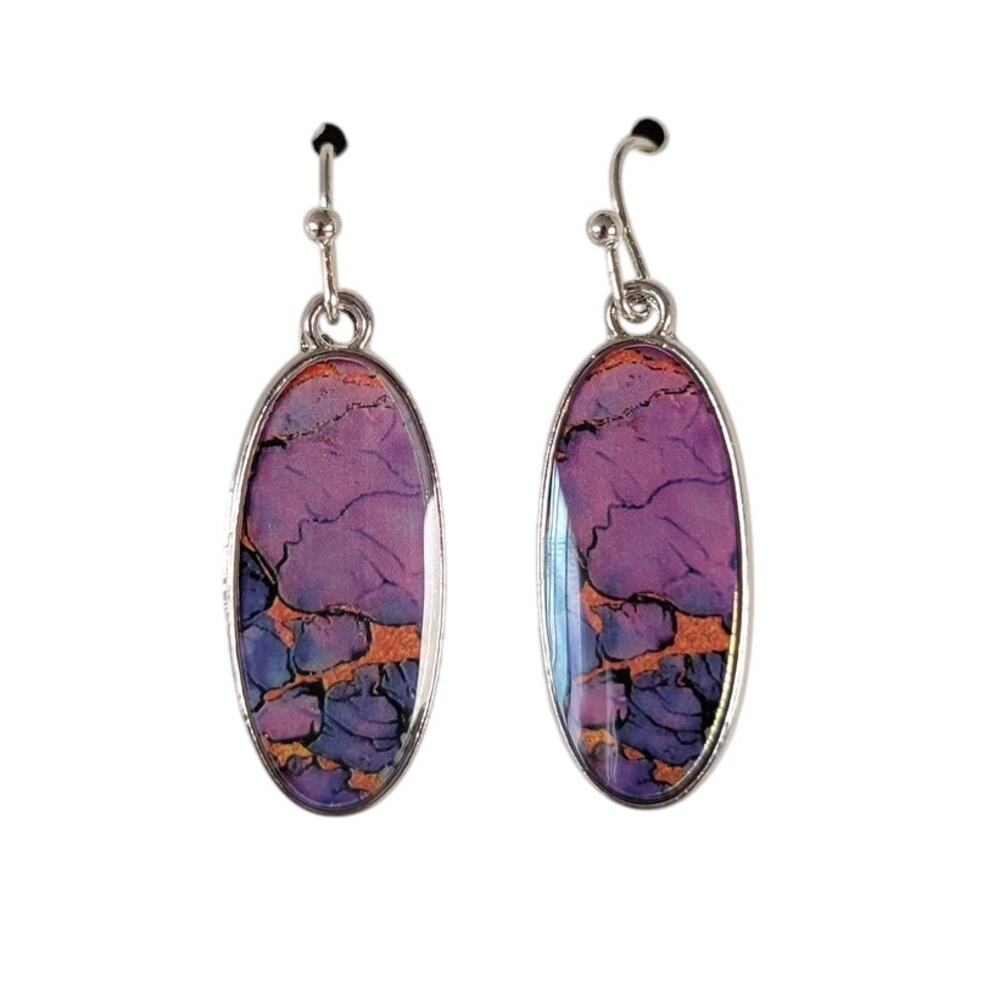 Purple Oval Dangle Earrings Silver Tone Hook Marble Stone Look 1.3in